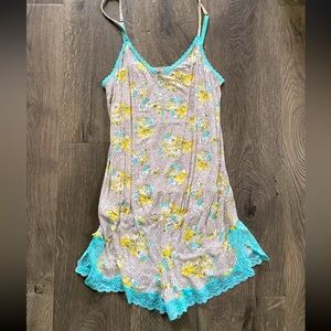 Victoria's Secret Pajama Romper PJ Shorts One Piece Floral Blue Lace Yellow sz S